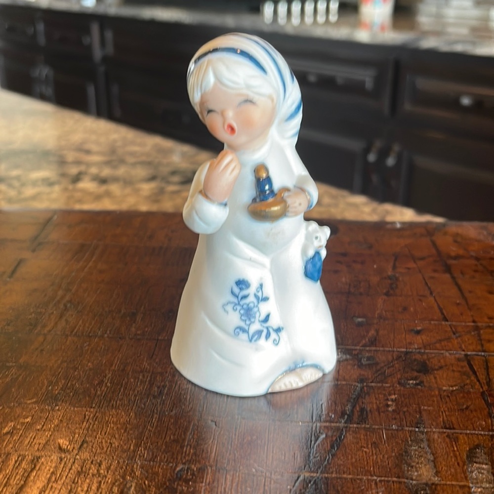 Vintage Royal Majesta Jasco Blue & White Porcelain Bisque Sleepy Child Bell